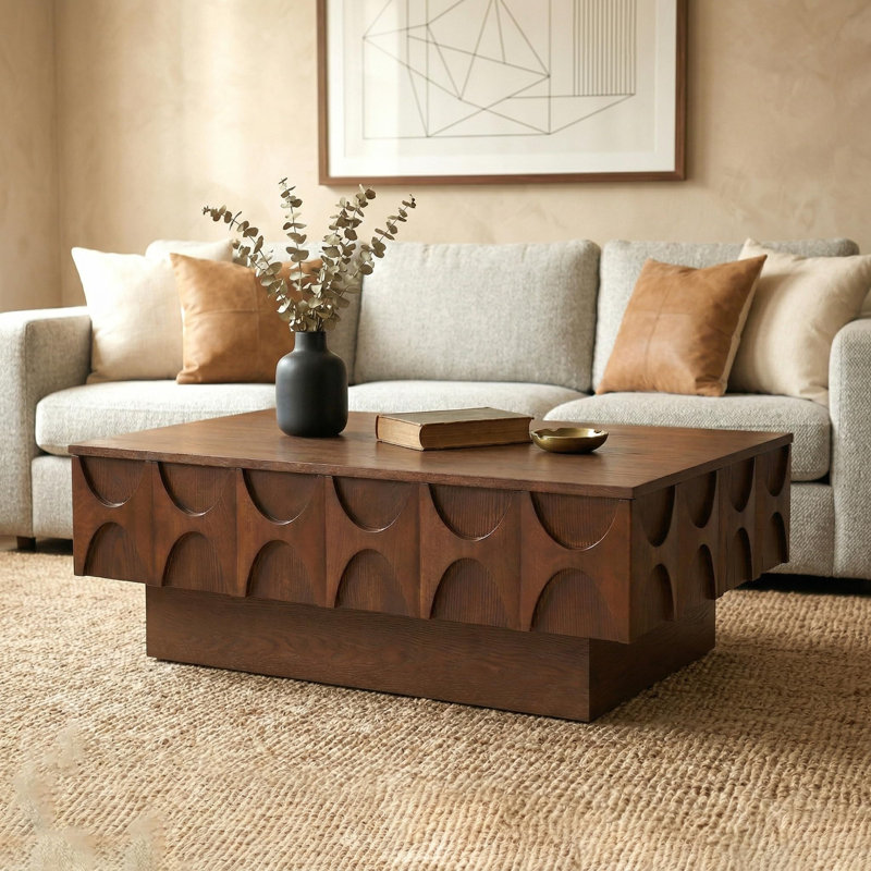 38.59"  Slide Top Coffee Table with Hidden Storage, Mid-Century Fluted Rectangle Center Table ,Walnut, Walnut