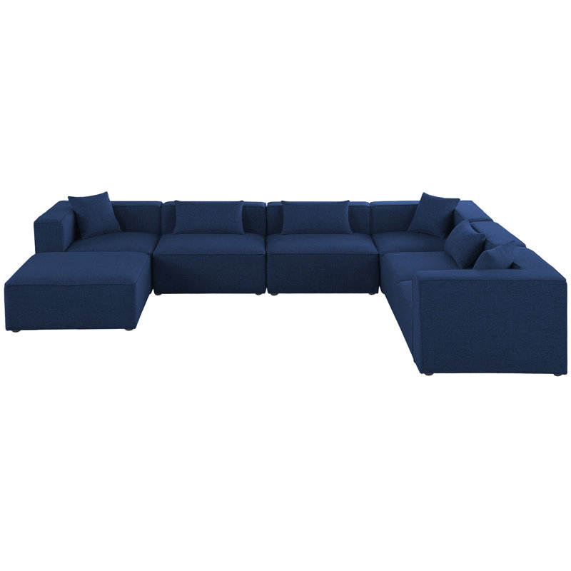 Canapé modulaire réversible de 144 po de large avec repose-pieds, Tissu texturé en lin bleu marine