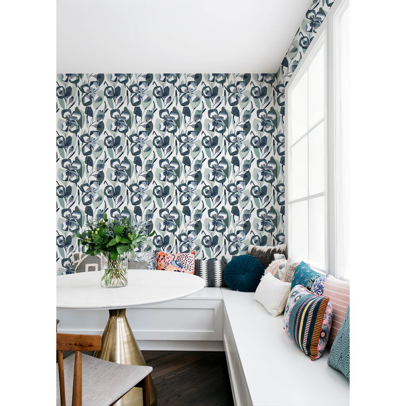 Nathalie Light Green Abstract Blooms Wallpaper, Navy