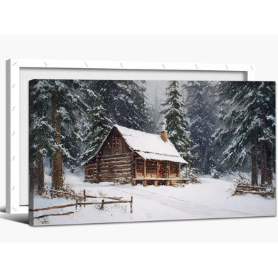 Grande décoration murale de chalet d'hiver - Paysage de neige scène d'hiver, art mural sur toile pour le salon, arbre d'hiver