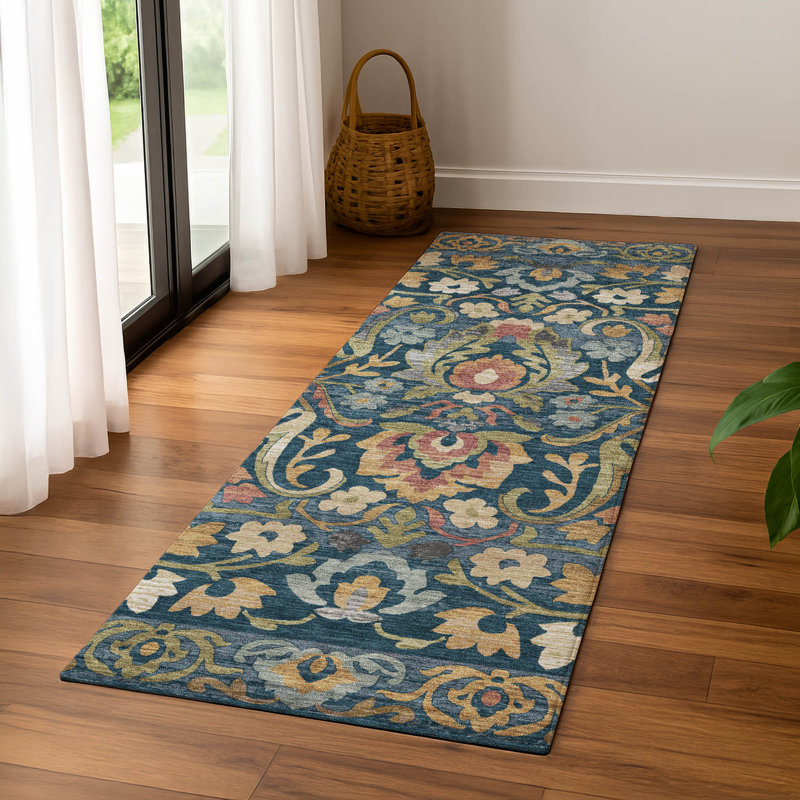 Tapis floral Premium Mayfield AMF2193 lavable à la machine, 2'3" x 7'6" Runner, Marine