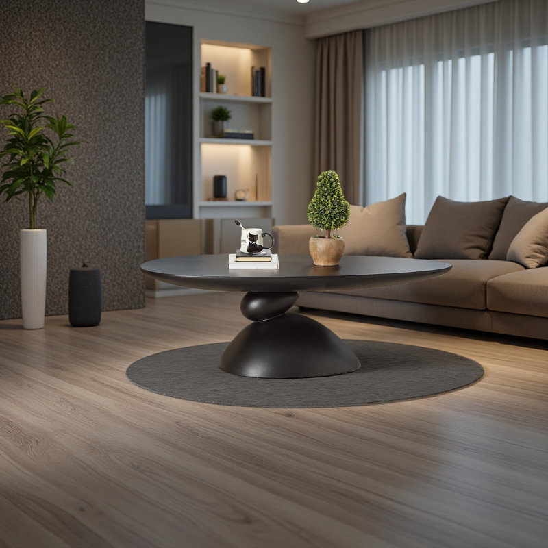 Table basse 47,27 "ovale en pierre, moderne et minimaliste en fibre de verre avec base de table sculpturale pour salon, Noir