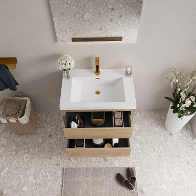 Meuble-lavabo mural 30 po avec lavabo, meuble de rangement flottant avec comptoir en résine de pierre et tiroirs à fermeture en douceur, chêne naturel 24V15-30NOX2
