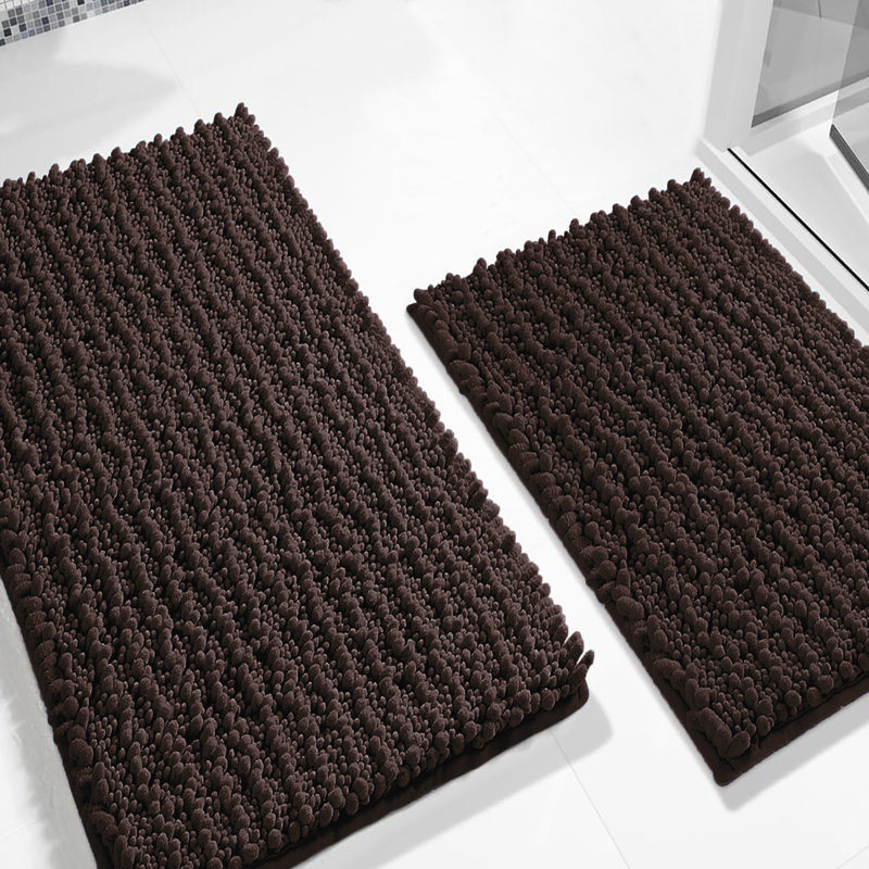 2 Piece Set Soft Cozy Plush Chenille Bath Mat Bathroom Rug, Brown, 20" W x 32" L
