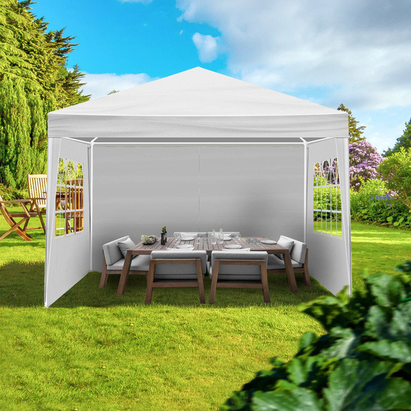 3x3m Open-Sided Party Tent – Waterproof PE Canopy, Threaded Steel Frame for Garden BBQ Market Shade, 3 walls + 3 windows