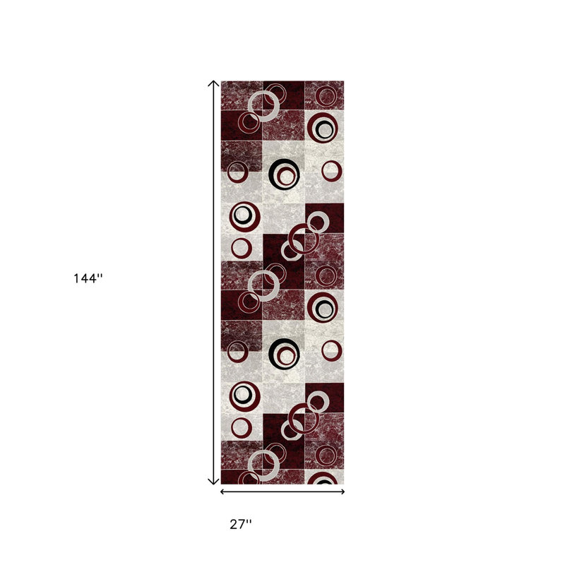 12' Red And Gray Geometric Runner Rug