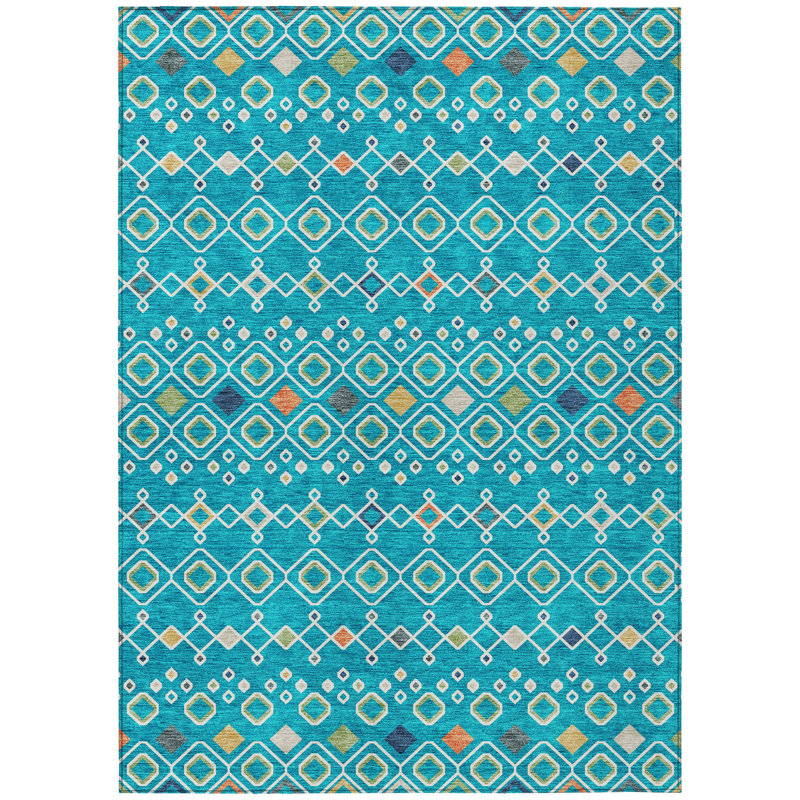 Tapis intérieur / extérieur 3 pi x 5 pi bleu ivoire et or géométrique lavable