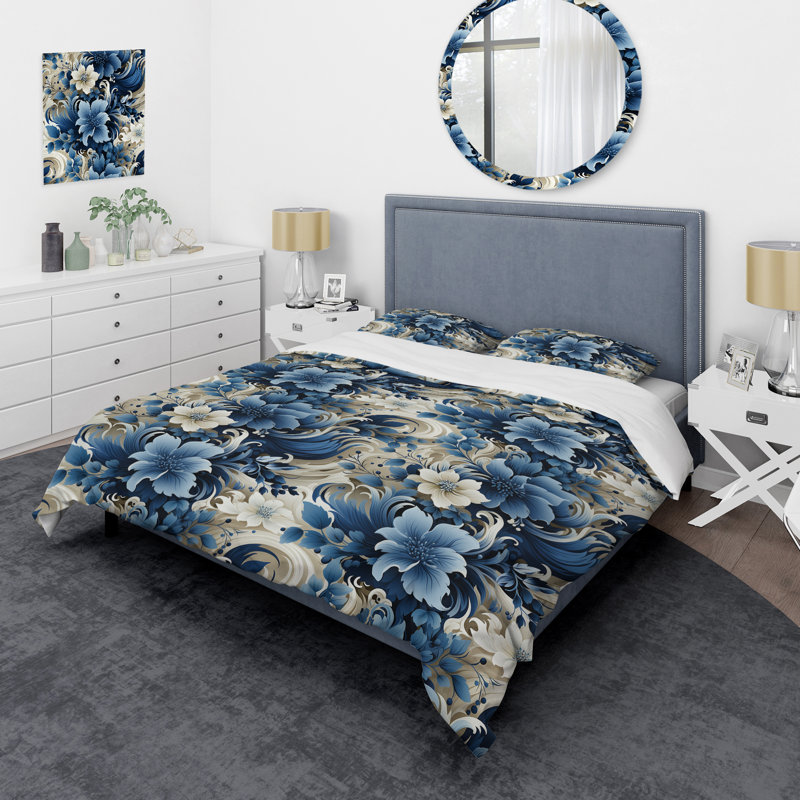 Ensemble de housse de couette romantique à volutes bleu cobalt victorien III