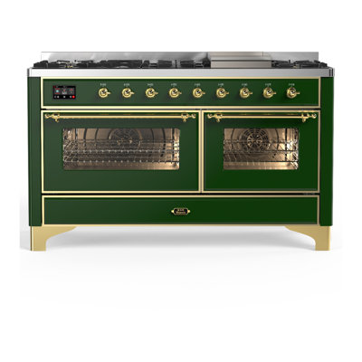 Cuisinière à double combustible 60 pouces avec 7 brûleurs scellés de couleur vert émeraude Majestic III Series (gaz naturel, garniture laiton)