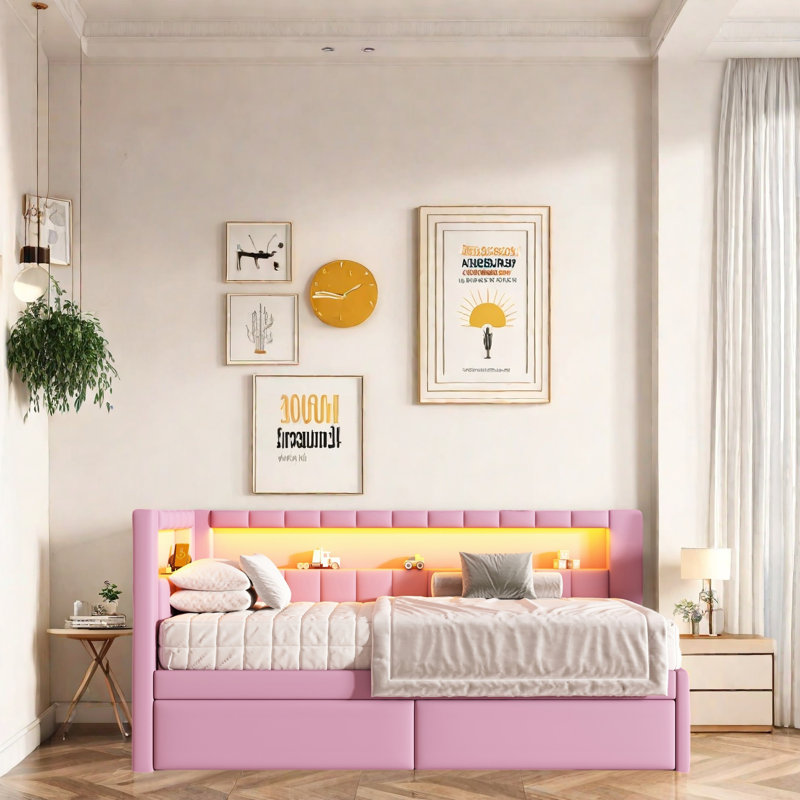 LED Platform Bed Frame with Storage Drawers, USB Ports, 7-Color Adjustable LED Lights, Sturdy Wood Frame with Linen Slats, No Box Spring Needed