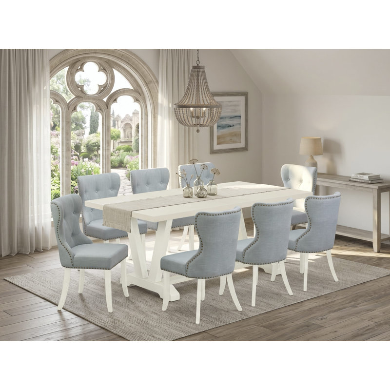 9 Piece Kitchen Table Set Includes a Rectangle Dining Table with V-Legs and 8 Baby Blue Linen Fabric Parson Dining Room Chairs, Wire-brushed Linen white