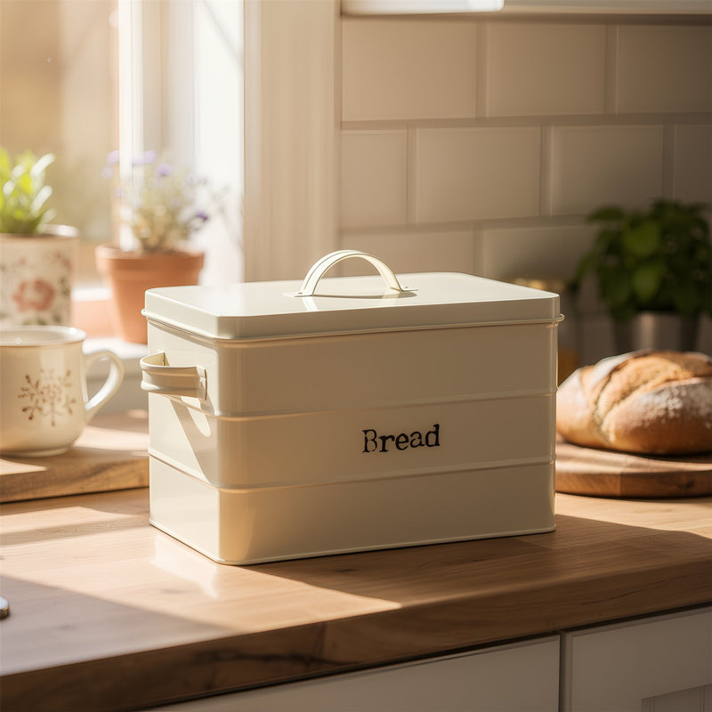 Harbour Housewares - Vintage Metal Kitchen Bread Bin - 40cm, Cream