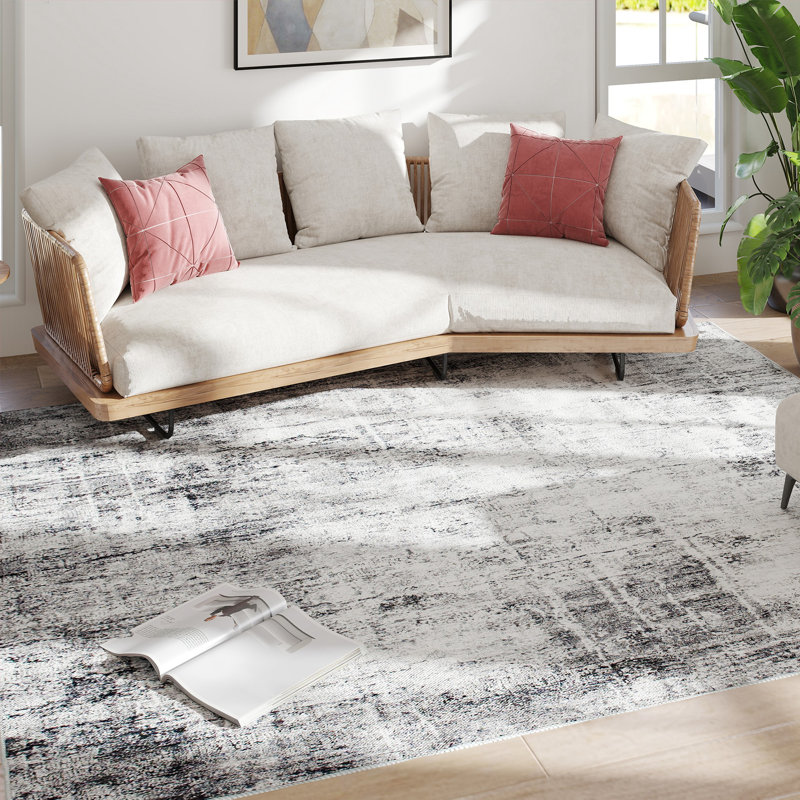 Tapis lavable moderne abstrait pour salon, gris, Rectangulaire 8 pi x 10 pi