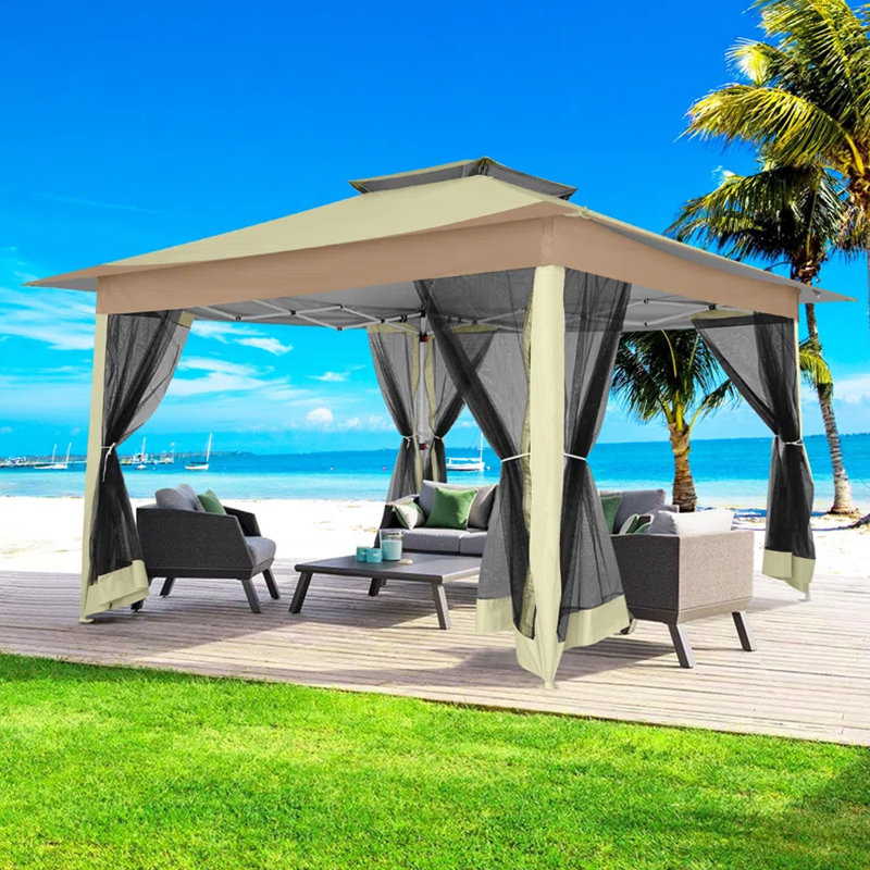 Auvent imperméable 11 x 11 pi à hauteur ajustable avec 6 moustiquaires, Kaki