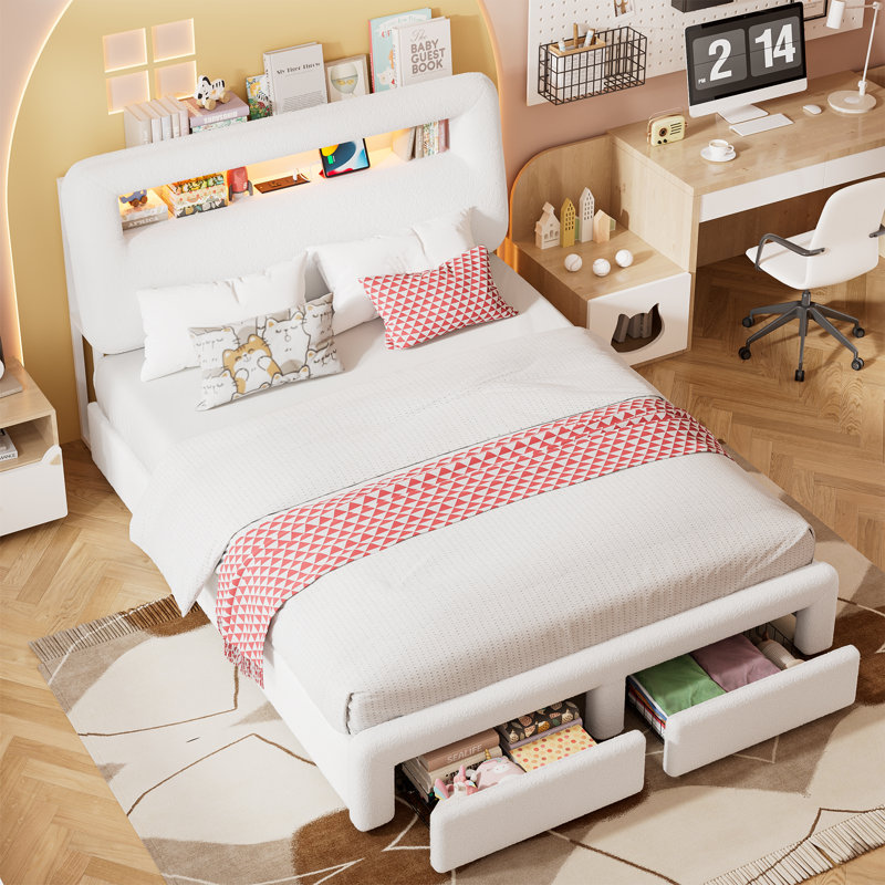 Upholstered Bed Frame, Storage Bed With Led And Charging Station, Full/Double