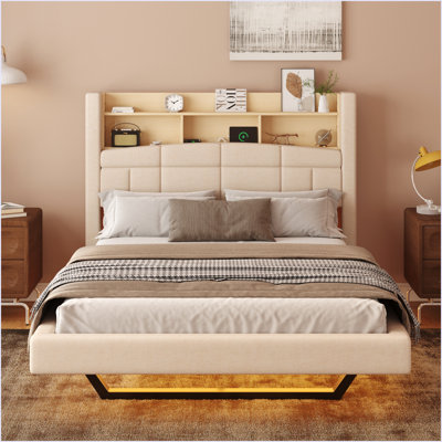 Upholstered Floating Bed With LED And Storage Headboard