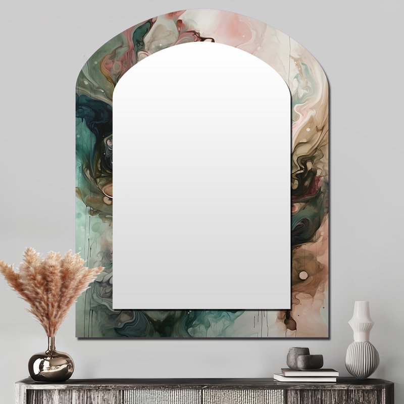 Miroir mural arqué en métal rose et vert Inner Worlds of Marble III, 43 po x 33 po