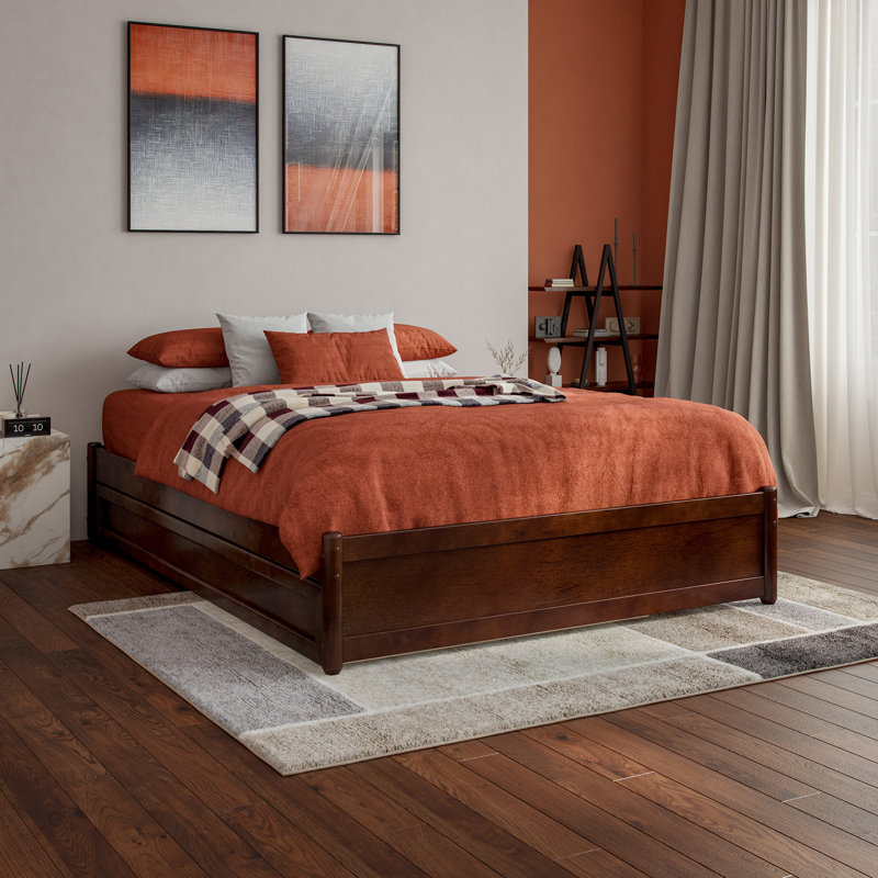 Lit plateforme en bois massif avec lit gigogne assorti Lamariah, Noyer, Double