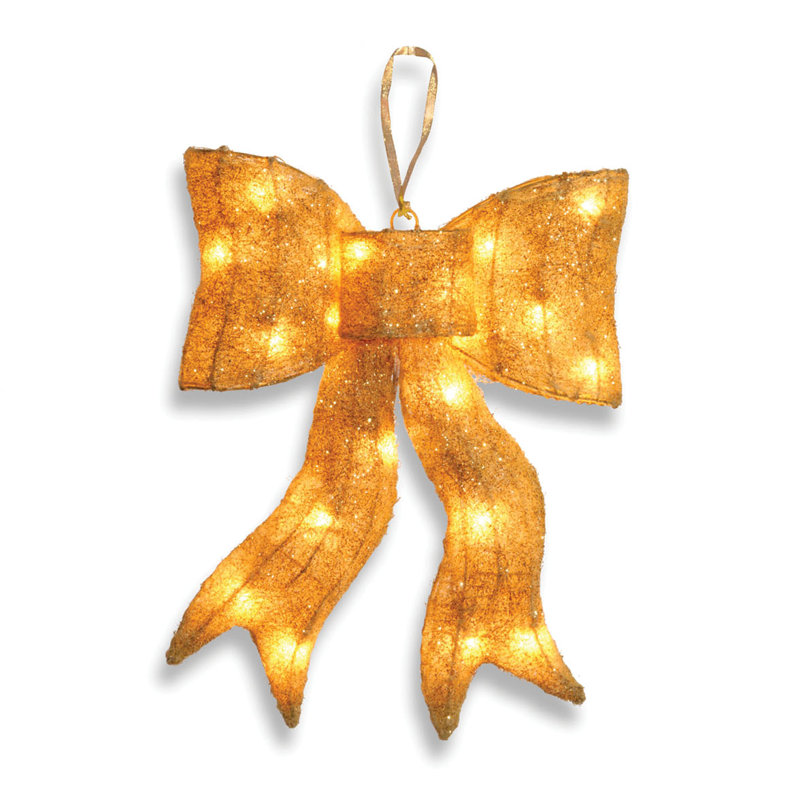 The Holiday Aisle® Pre-Lit 16" Gold Wavy Sisal Bow, Yellow