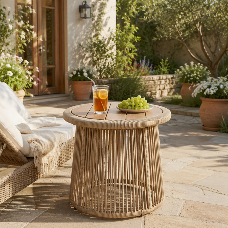 Table d'appoint en corde avec plateau en bois d'acacia au fini teck, sans assemblage, style moderne à tissage ajouré pour patio et salon