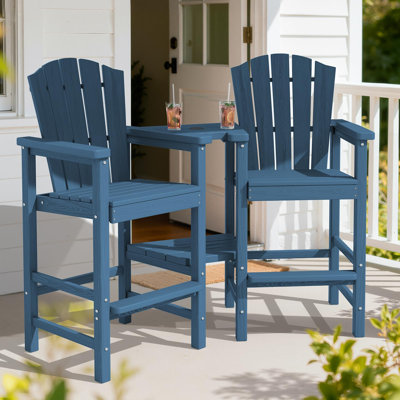 Tall Adirondack Chair Set of 2, All-Weather HDPE Outdoor Adirondack Bar Stools with Double Connecting Trays