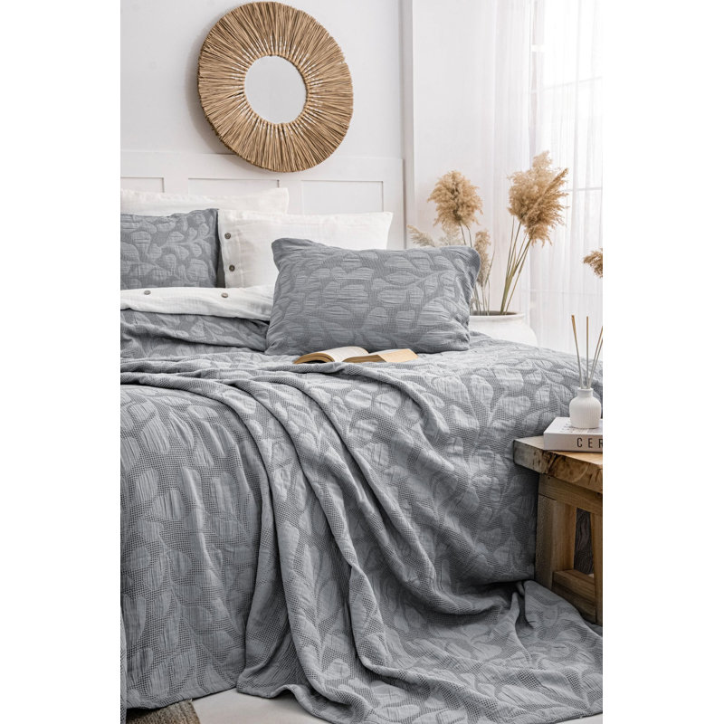 Elegant Double Bedspread Set (2 Pieces), Anthracite | 100% Cotton Jacquard, Bedspread: 94.5 x 102.4 inches, Pillowcases: 19.7 x 27.6 inches | Soft, Durable, Machine Washable, Perfect for Stylish Bedrooms