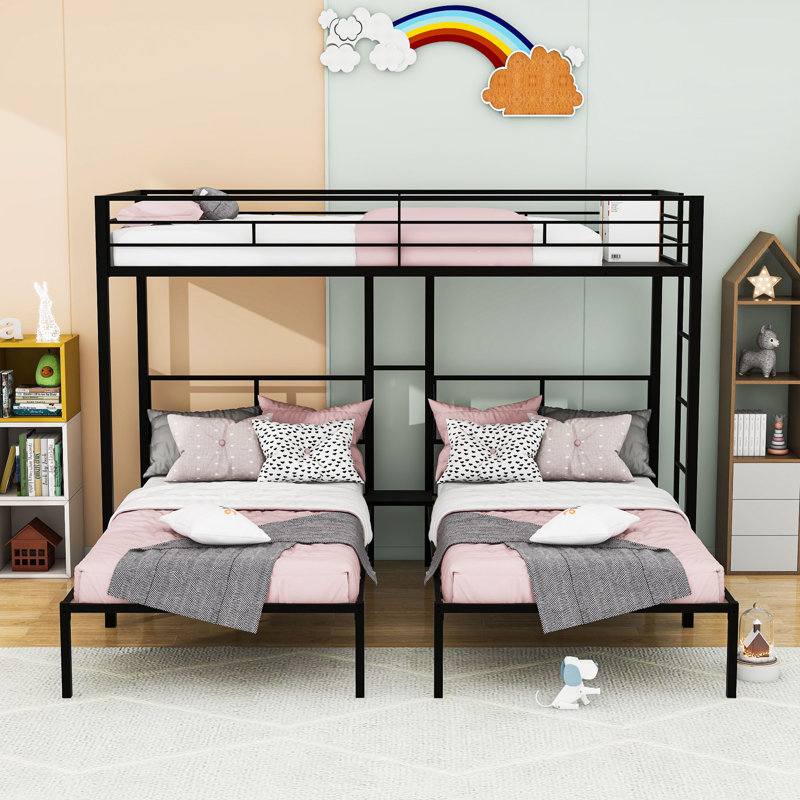 Courtnie Twin Over Twin & Twin Metal L-Shaped Bunk Beds, Black