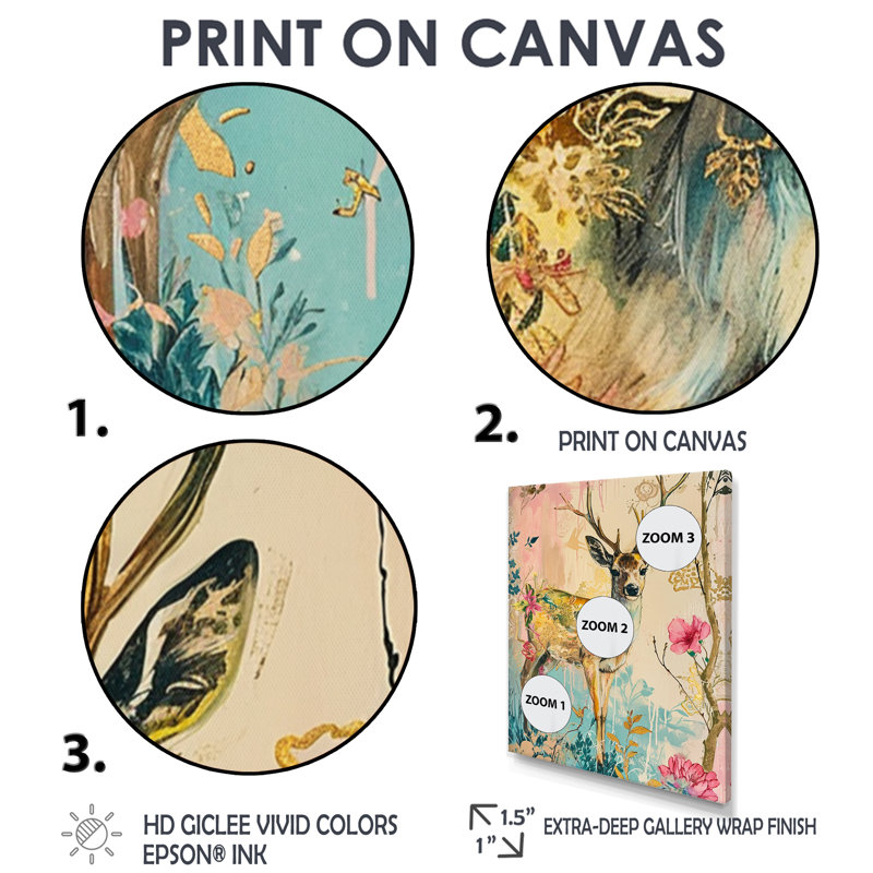 Fleur de cerf boho rétro - art mural animal cerf, H 20 po x l 12 po x P 1 po, Toile avec cadre noir