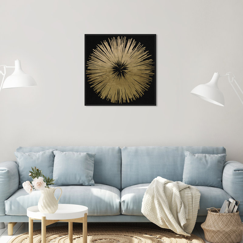 «Abstract Sunburst Golden Night», impression, Toile encadrée, H 40 po x l 40 po, Noir