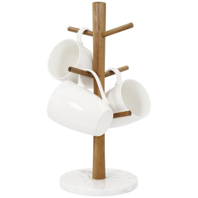 6-Hook Mug Holder with Acacia Wood and Marble Base, White Countertop Mug Tree for Kitchen