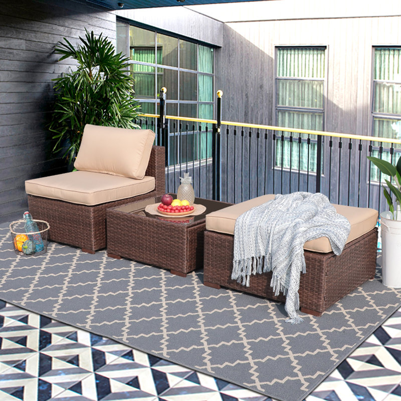 Polypropylene/Olefin Rope Sofa Seating Group with Cushions, Beige Cushion/Brown Frame