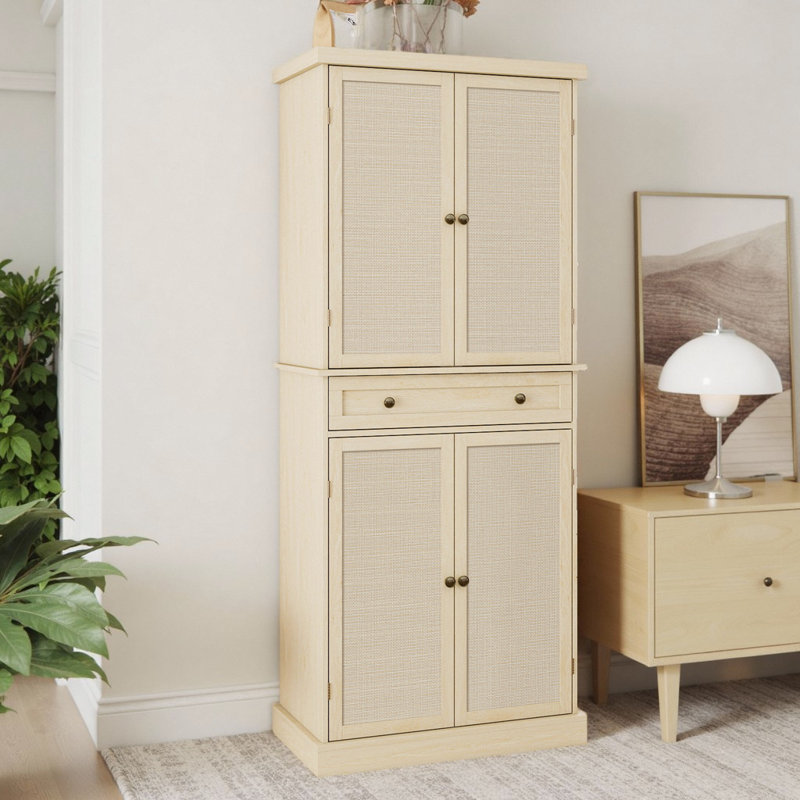 Armoire d'appoint 72 po moderne en rotin 72 po - 4 portes avec tablettes réglables, Naturel