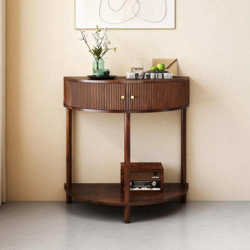 Table d'entrée, table demi-lune avec 2 tiroirs de rangement en rotin, petites tables rondes circulaires pour le couloir, consoles étroites pour le salon (brun)