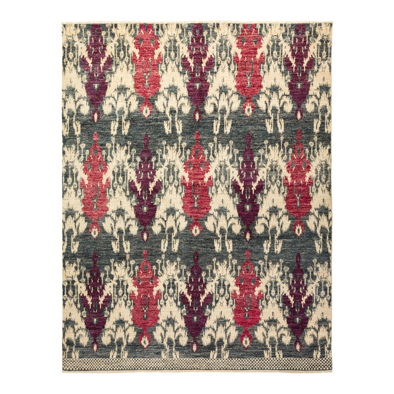 Tapis ivoire / gris / rouge en laine noué à la main de conception unique 8 pi x 10 pi 2 po Awo