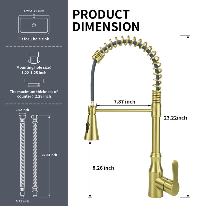 High Arc Commercial Spring Style 2-Function Single Handle Pull Down Kitchen Faucet, Brushed Gold