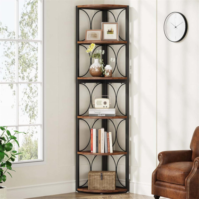 Étagère de rangement de coin à 6 niveaux pour petits espaces, maximisant l'efficacité de la pièce et ajoutant un charme industriel