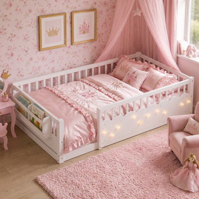 CPC Certified Kid Bed, White Twin Montessori Floor Bed Frame with High Safety Rails, Wood Kids Low Bed with LED Light & Side Storage Shelf