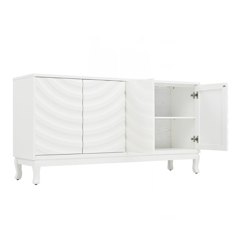 Élégant buffet doté de portes à motif ondulé sophistiquées avec un design à rainures arquées dans un agencement élégant à quatre portes, réglable, adapté pour le bureau, le vestibule et le salon (blanc)