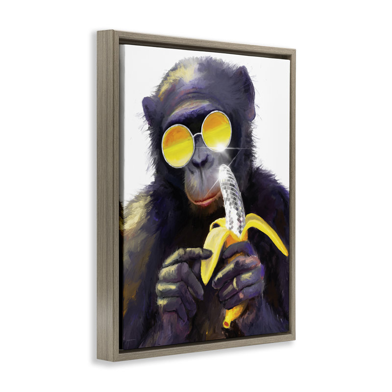 «Cool Monkey with Disco Banana», art mural par Kamdon Kreations, H 31 po x l 25 po, Cadre flottant orme Montalcino