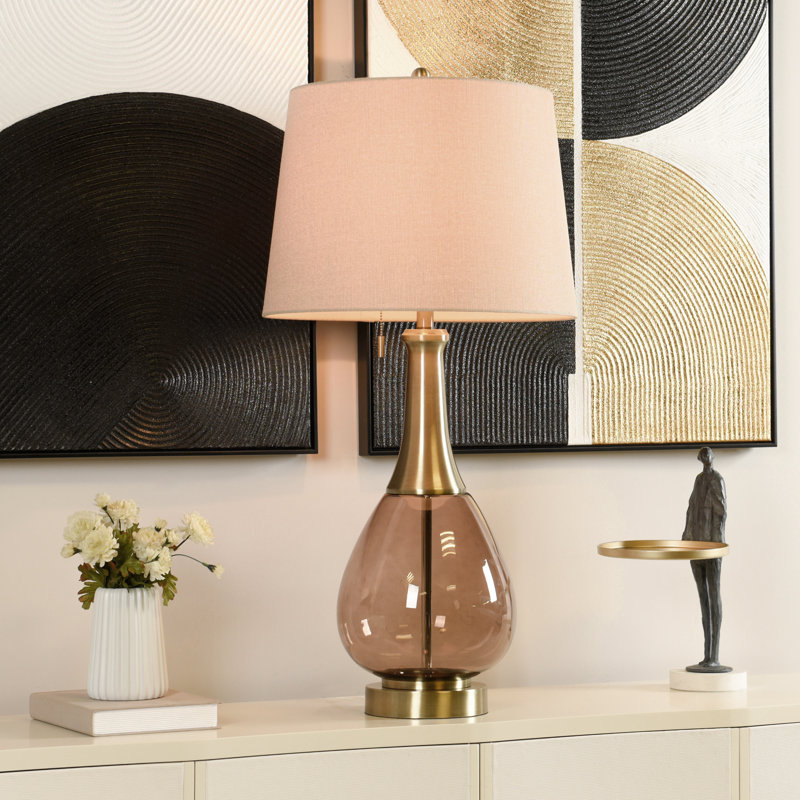 Josel - Glass & Metal Table Lamp - Brass Cocoa Glass - Dark Beige Shade