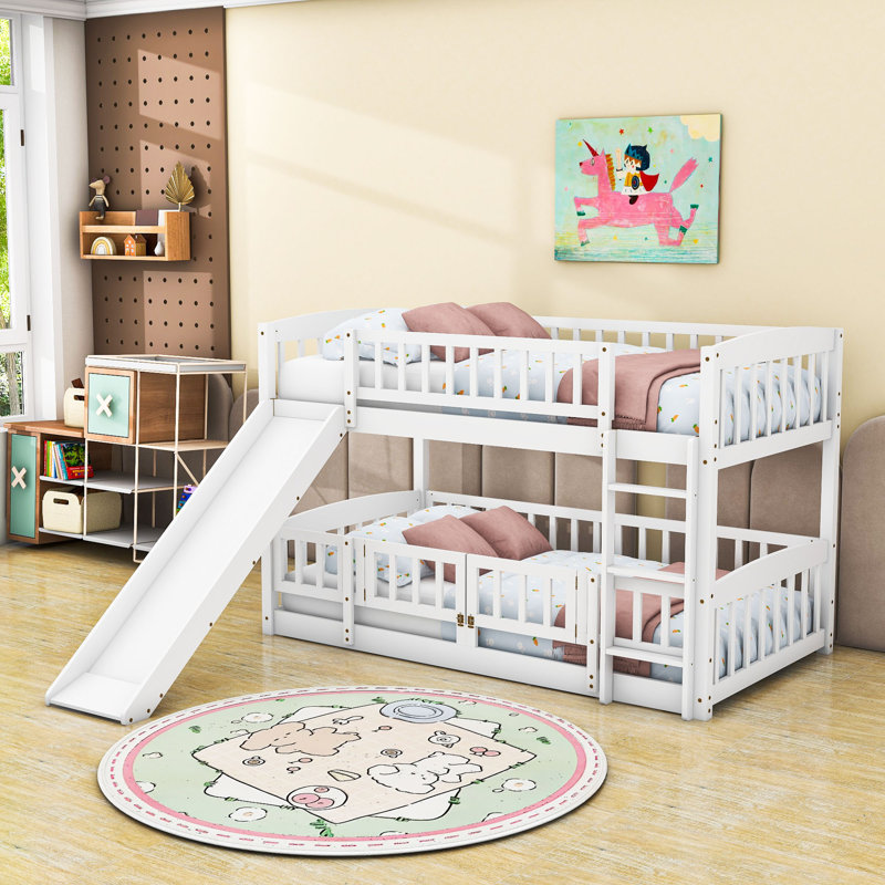 Wood Bunk Bed With Slide And Guardrails, Twin Over Twin, White