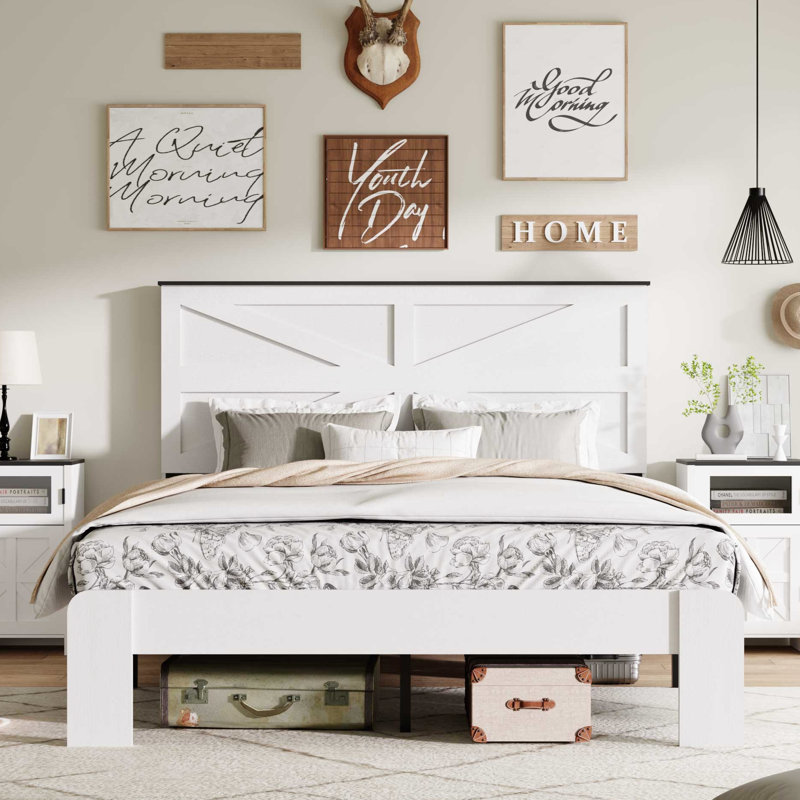 Très grand cadre de lit avec maquillage en métal et en bois blanc, bruit, pas de sommier tapissier, assemblage facile, rangement sous le lit, tête de lit mi-hauteur pour la taille de la chambre à coucher en blanc, structure,