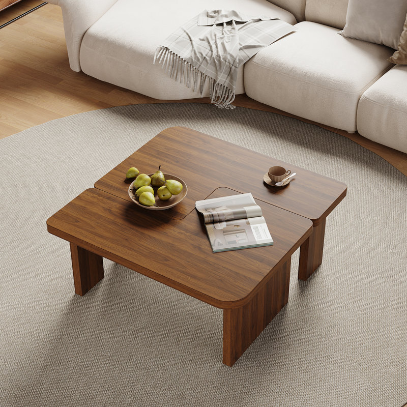Wood Coffee Table, Mid Century Modern Living Room Table, Free Adjustable Shape, 2 Pieces, No Assembly Needed, Brown