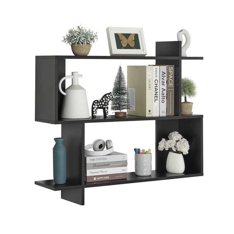 Batravil Floating Geometric Kilter Three-Level Square Accent Shelf, Black