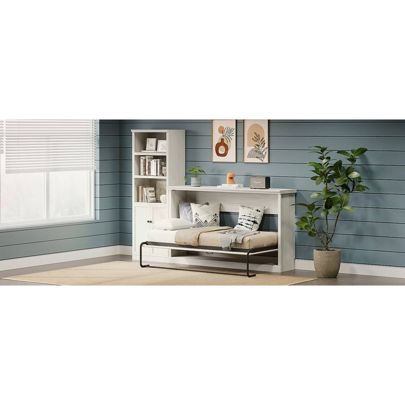 Lit escamotable horizontal simple avec 1 tablette de rangement latérale, lit escamotable, armoire pliante, meuble peu encombrant pour chambre d'amis polyvalente, bureau personnel