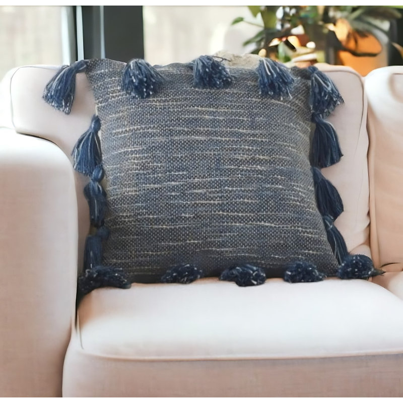 Navy Woven Cotton Throw Pillow with Tassels, 18" x 18"