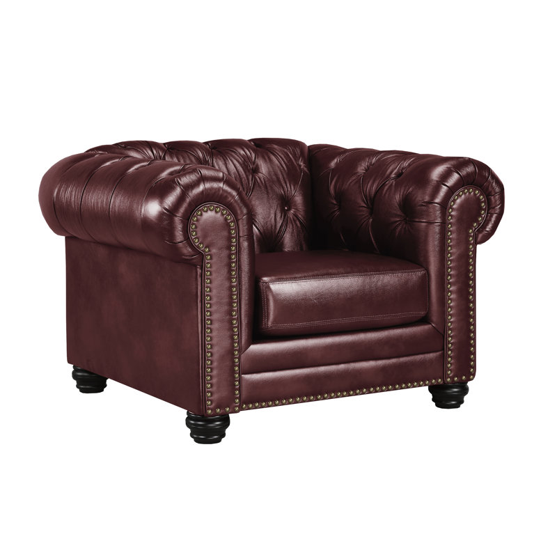  Ornellas 48" Leather Rolled Arm Chesterfield Armchair, Cherry Genuine Leather