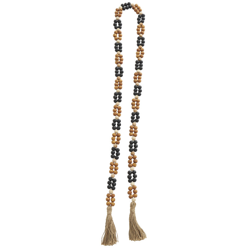 Guirlande perlée à la main en bois de manguier à double couche avec pampille - motif sculpté, détails noirs et crème