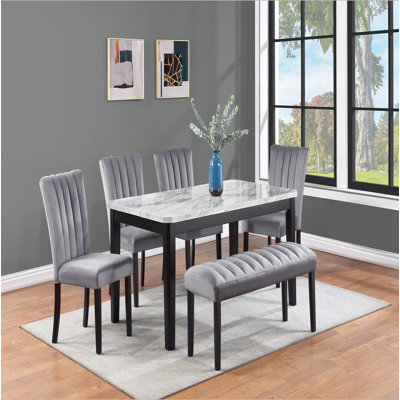 5-Piece Contemporary Dining Set Rectangular Faux Marble Table Top Black Finish Upholstered Chairs Channel Tufting Wooden Solid Wood Dining Room Kitche