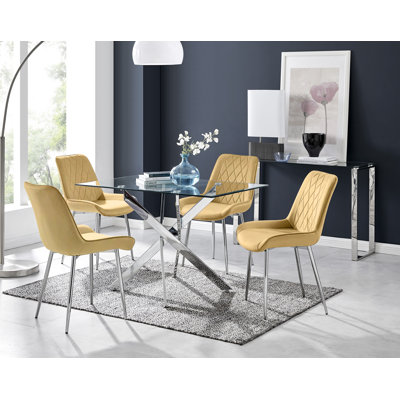 Lenworth Modern Chrome Metal and Glass Dining Table Set with 4 Luxury Velvet Dining Chairs